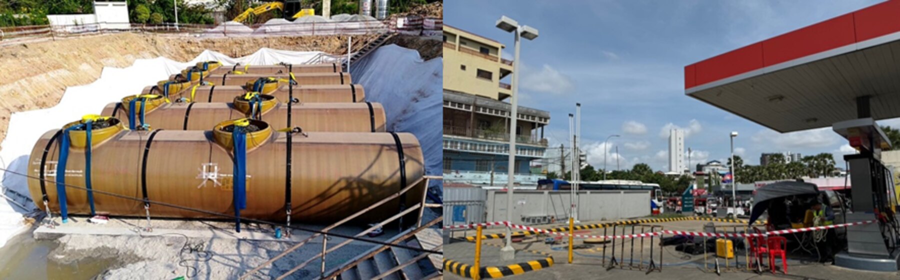 งานวางถังเก็บน้ำมันใต้ดินลงบ่อและการกั้นพื้นที่ทำงานในสถานีบริการ